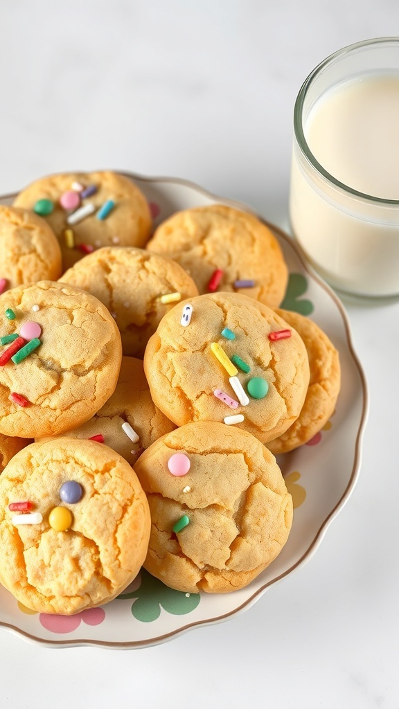 A plate of golden mystic sugar cookies with colorful sprinkles, accompanied by a glass of milk.